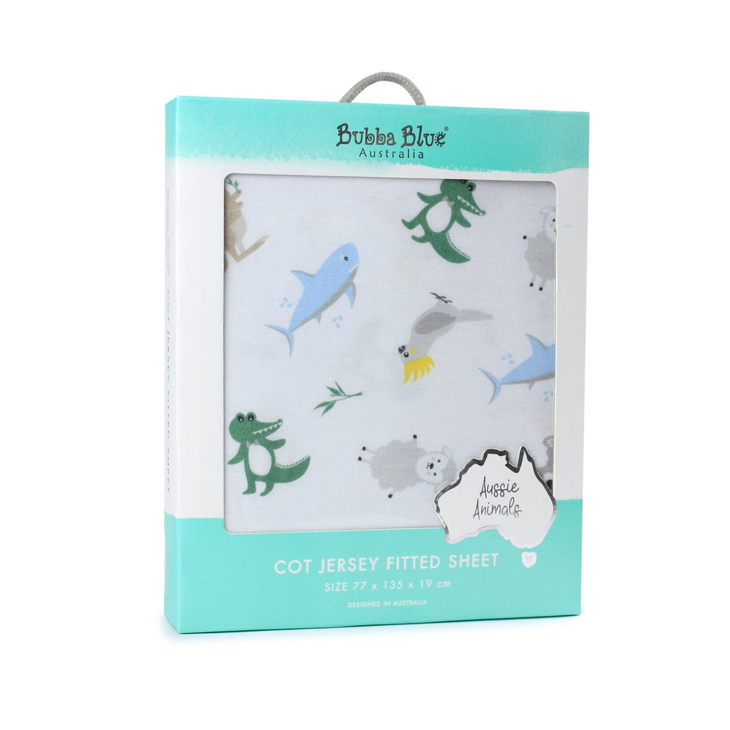 Bubba Blue Jersey Cot Sheet - Aussie Animals