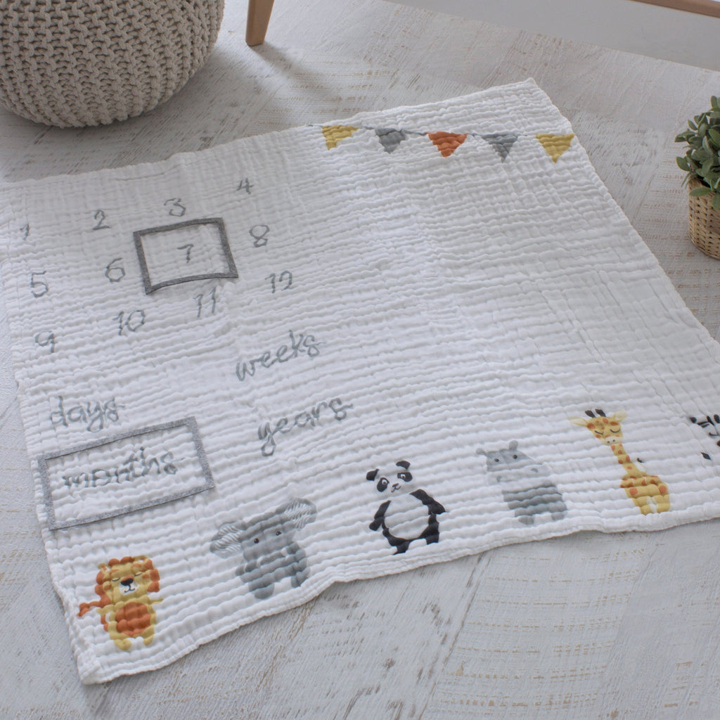 Bubba Blue Zoo Animals Milestone Muslin Blanket