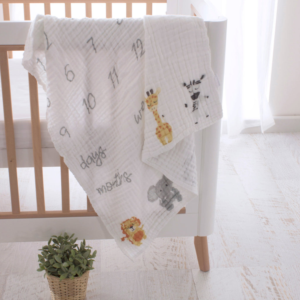Bubba Blue Zoo Animals Milestone Muslin Blanket