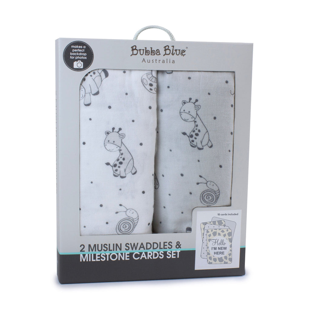 Bubba Blue Grey Playtime 2pk Muslin Wraps With Milestone Card